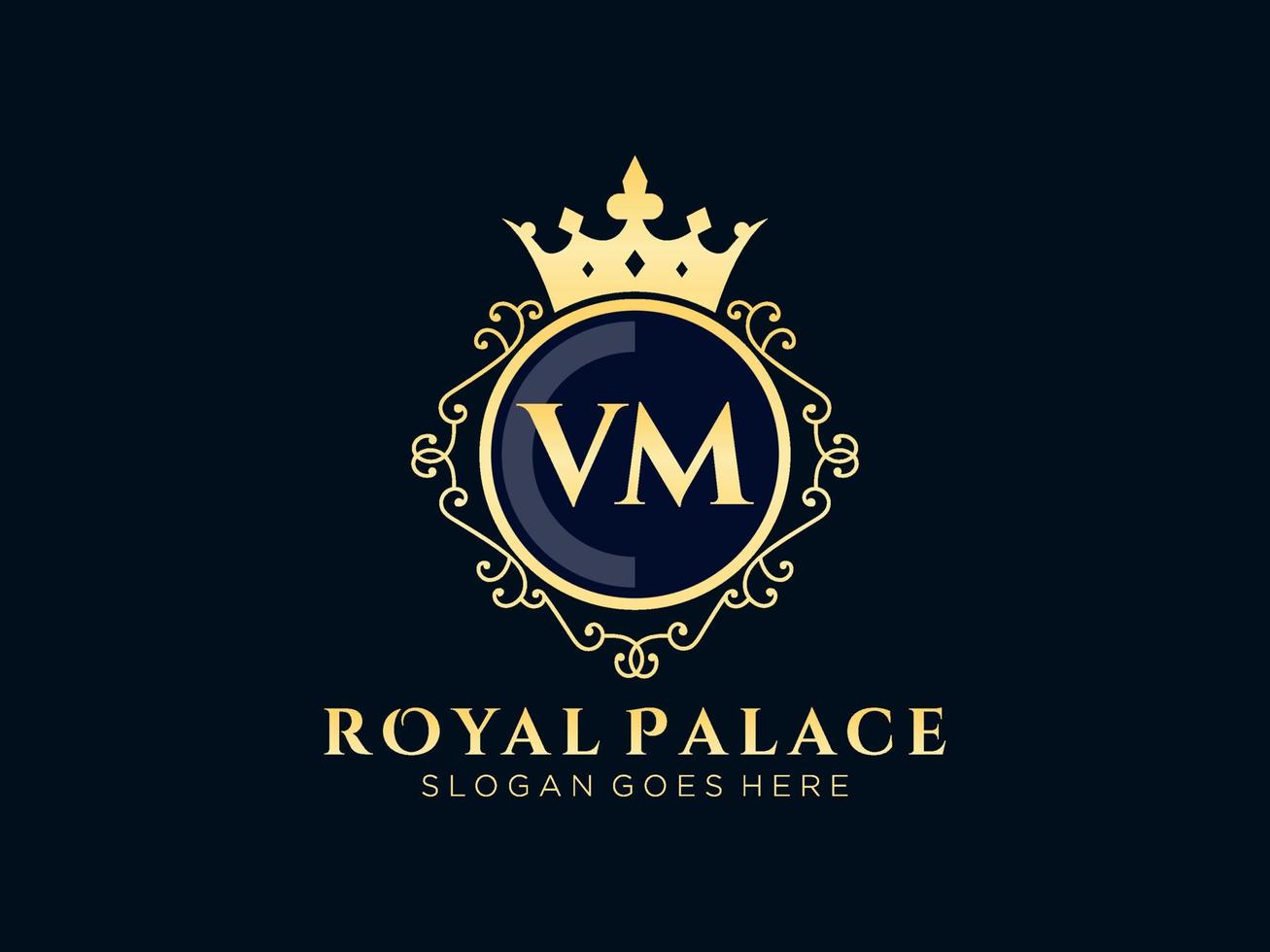 Letter VM Antique royal luxury victorian logo with ornamental frame. vector
