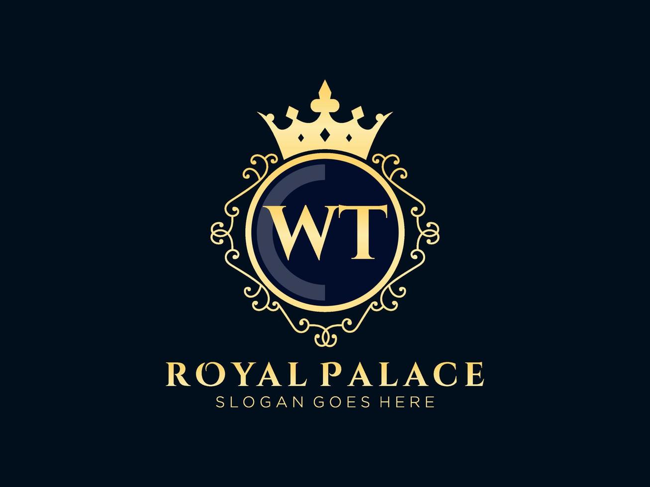 Letter WT Antique royal luxury victorian logo with ornamental frame. vector