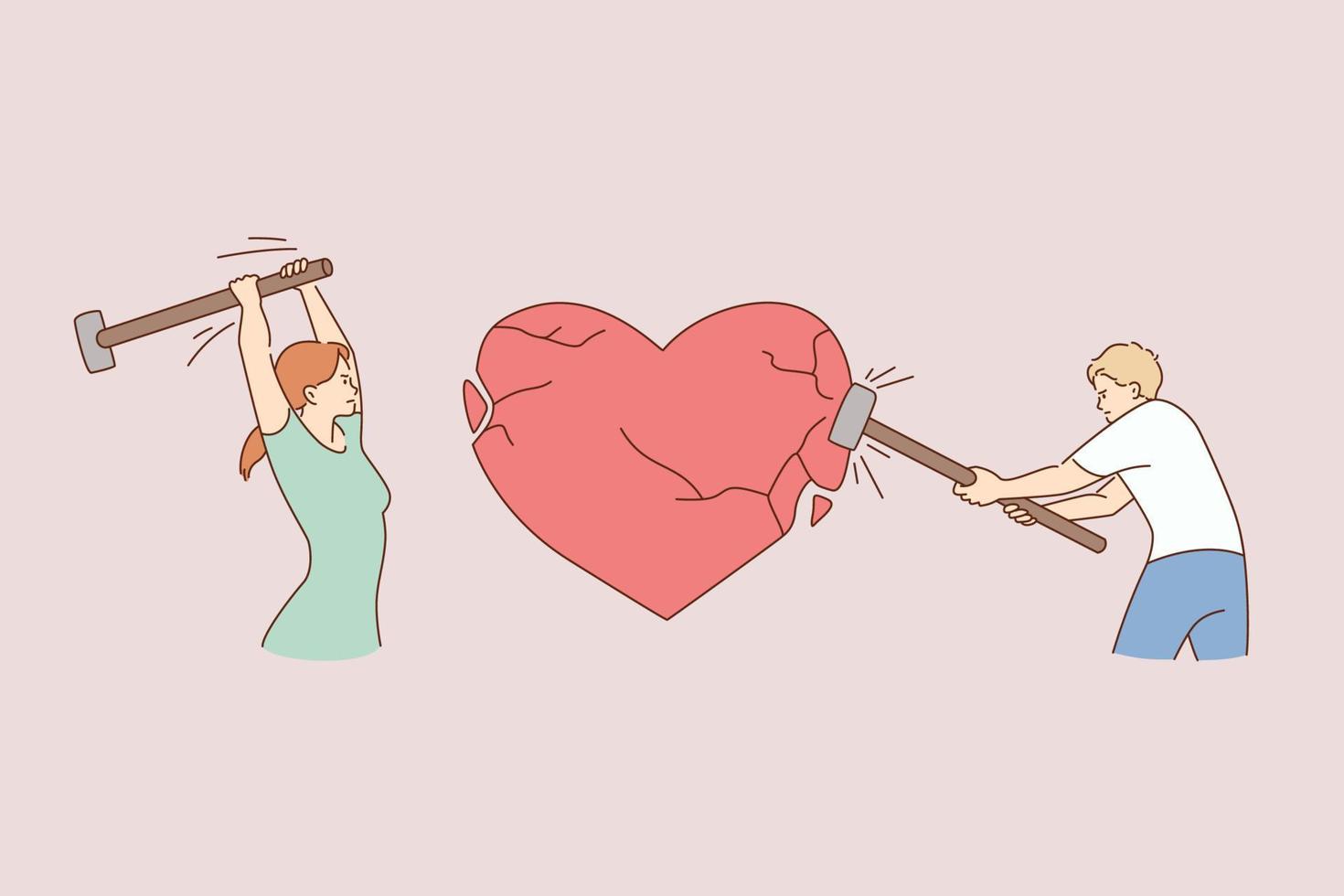 Problems in relations, conflict, break up concept. Young furious couple hitting huge red heart with hammers bitting relationships splitting up vector illustration