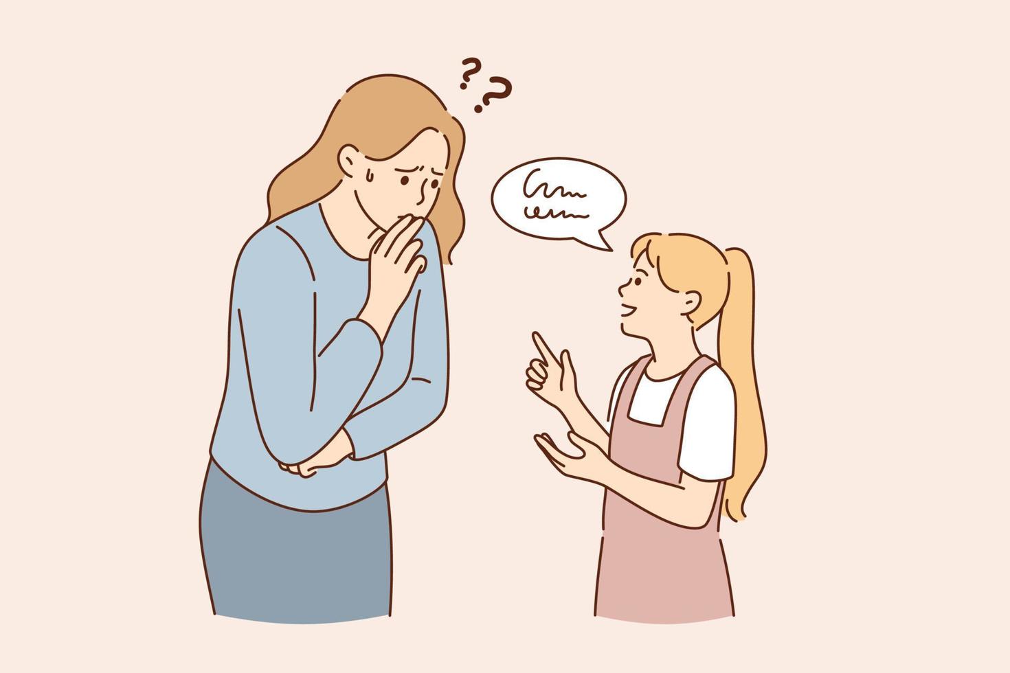 Communication problems and understanding concept. Small girl daughter standing talking explaining something to frustrated woman mother trying to understand vector illustration