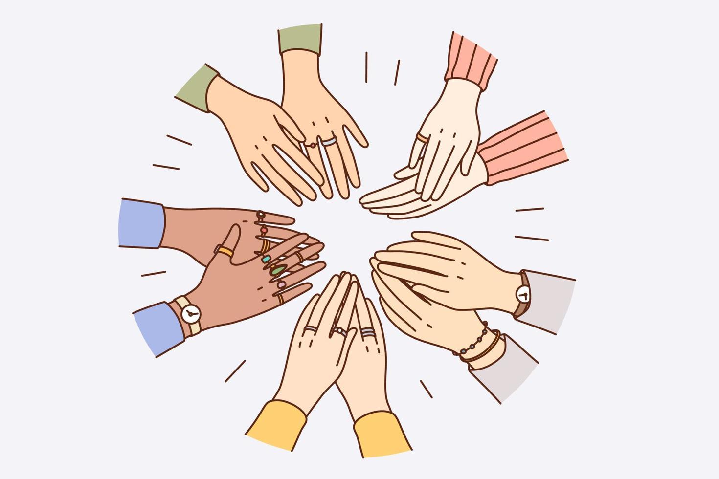 Equality in human rights, union concept. Hands of mixed race various people forming circle together feeling confident and strong with each other vector illustration