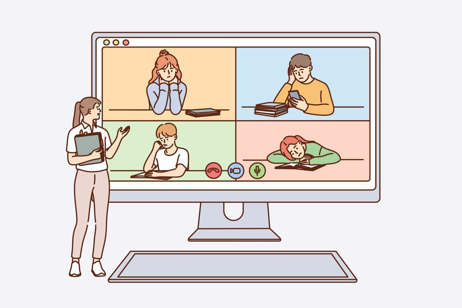 Online education and class concept. Young smiling woman teacher standing explaining lesson to tired children on laptop screens online vector illustration