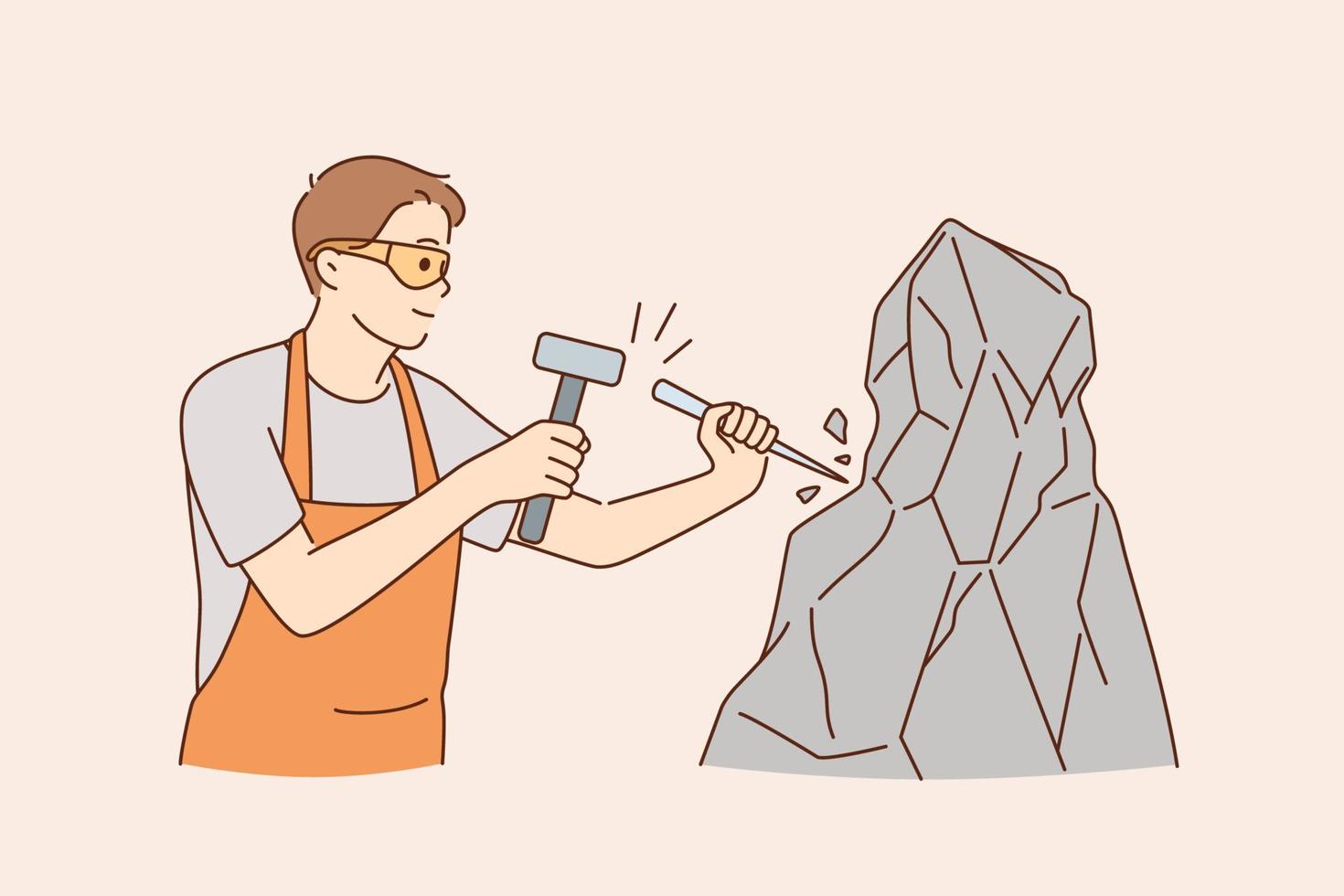 Working as stonecutter with tools concept. Young positive man stonecutter using hammer and stick to work with rock stone concrete wearing glasses and apron vector illustration