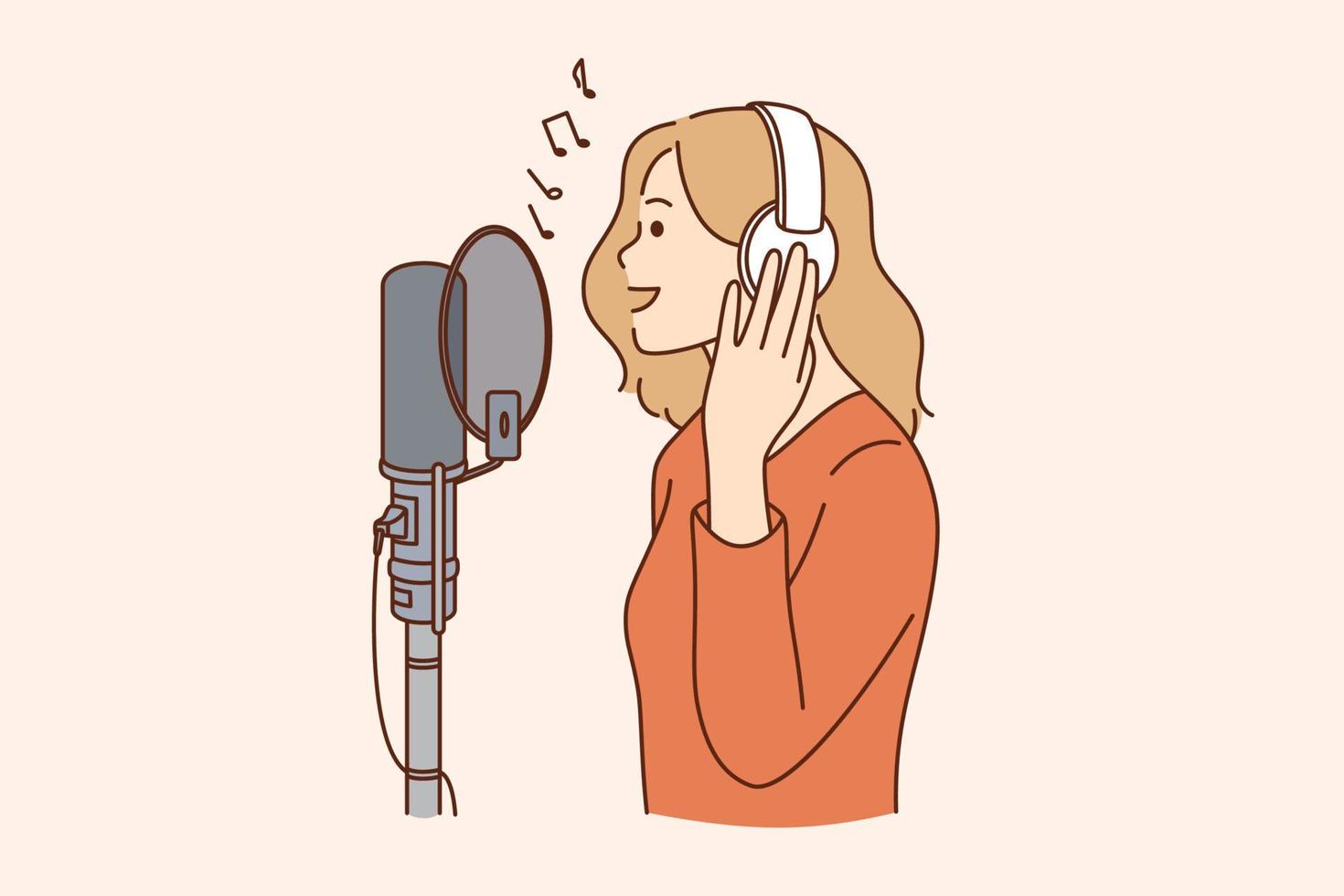 concepto de cantante, blogger y programa de radio. joven mujer sonriente en auriculares de pie cantando una canción o hablando por micrófono en la ilustración de vector de estudio