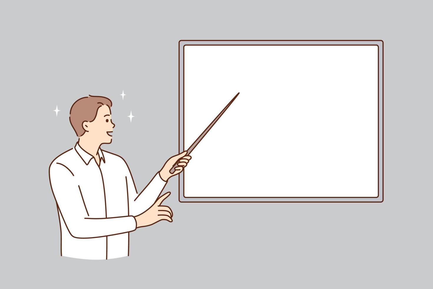 Education and white blackboard concept. Young smiling man teacher lecturer standing pointing with stick to white mockup copy space blackboard vector illustration