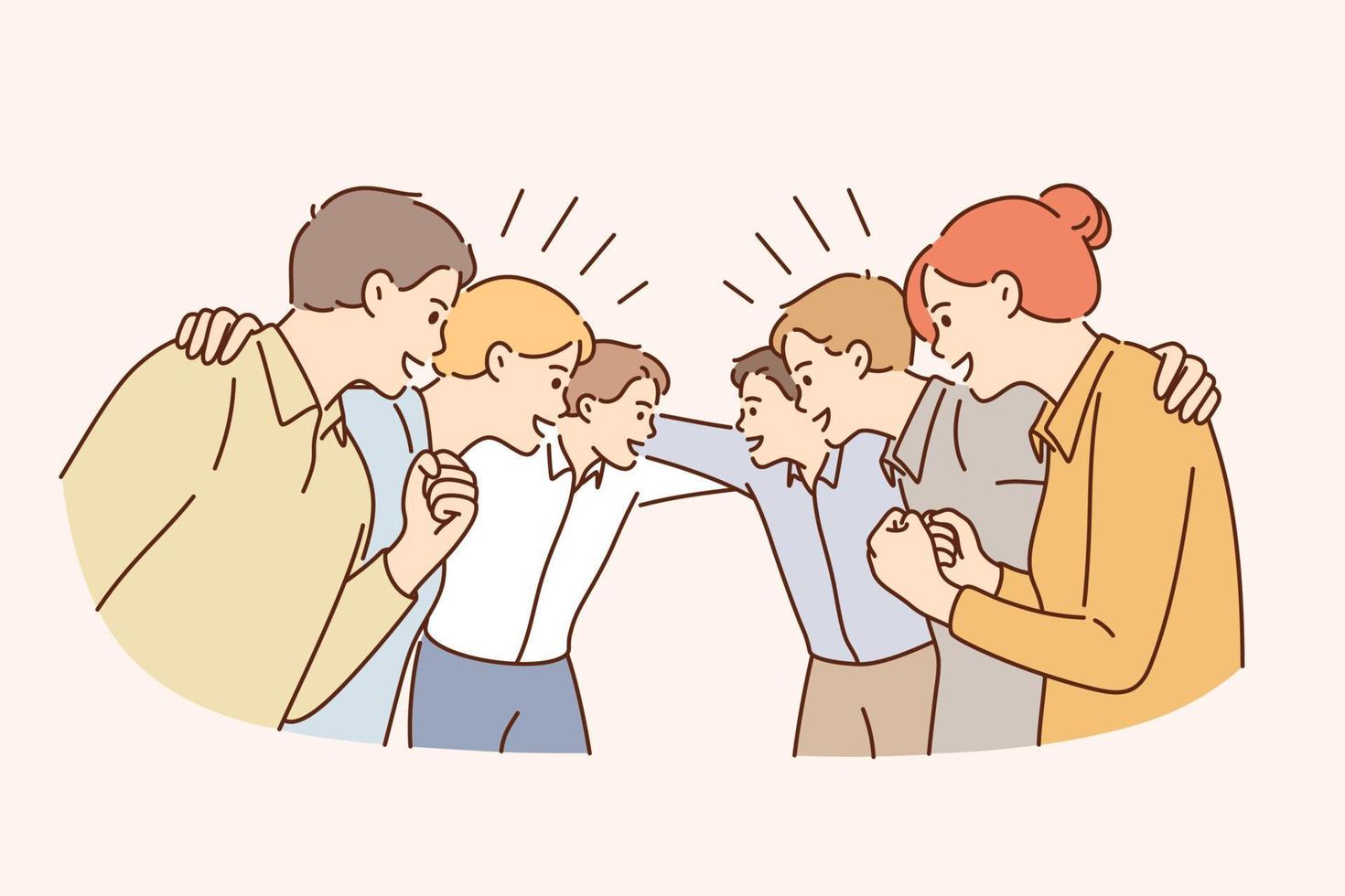 Good business team and cooperation concept. Group of young colleagues workers standing hugging celebrating success in business together vector illustration