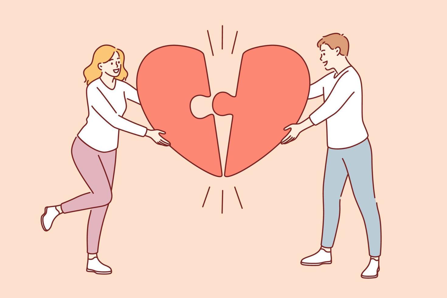 Valentines day, Love, romance concept. Young happy smiling loving Man and woman lovers connecting halves of big red heart feeling in love one family vector illustration