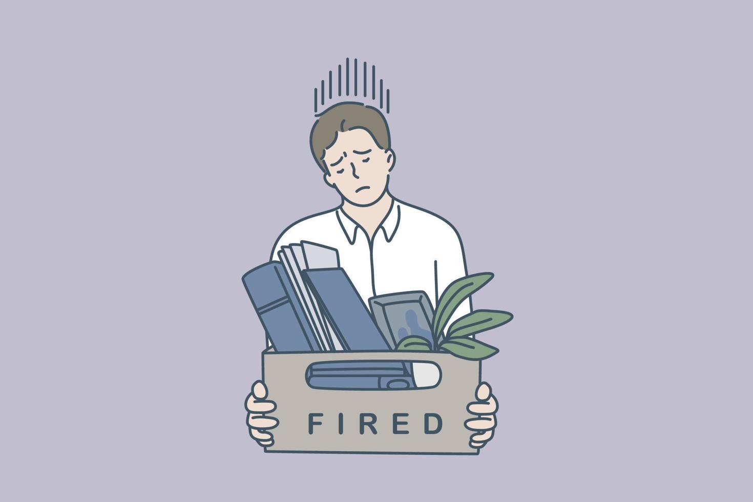 Feeling sad of being fired concept. Young man worker standing feeling stressed being fired holding box with belongings vector illustration