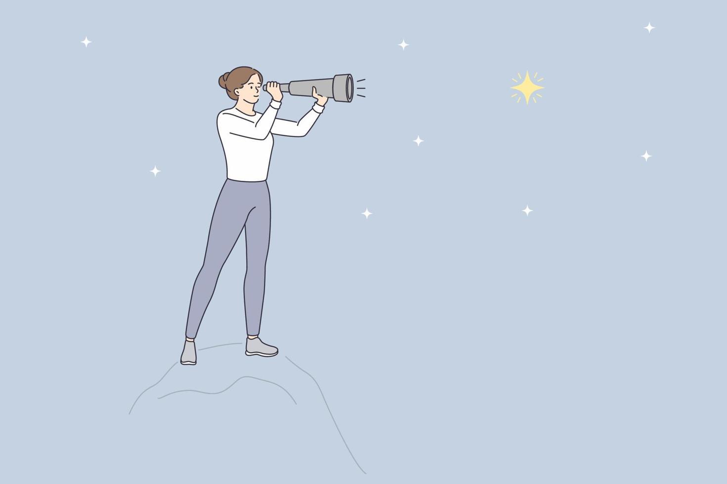 mirando estrellas con el concepto de binoculares. personaje de dibujos animados de mujer joven de pie mirando estrellas en el cielo a través de binoculares ilustración vectorial vector