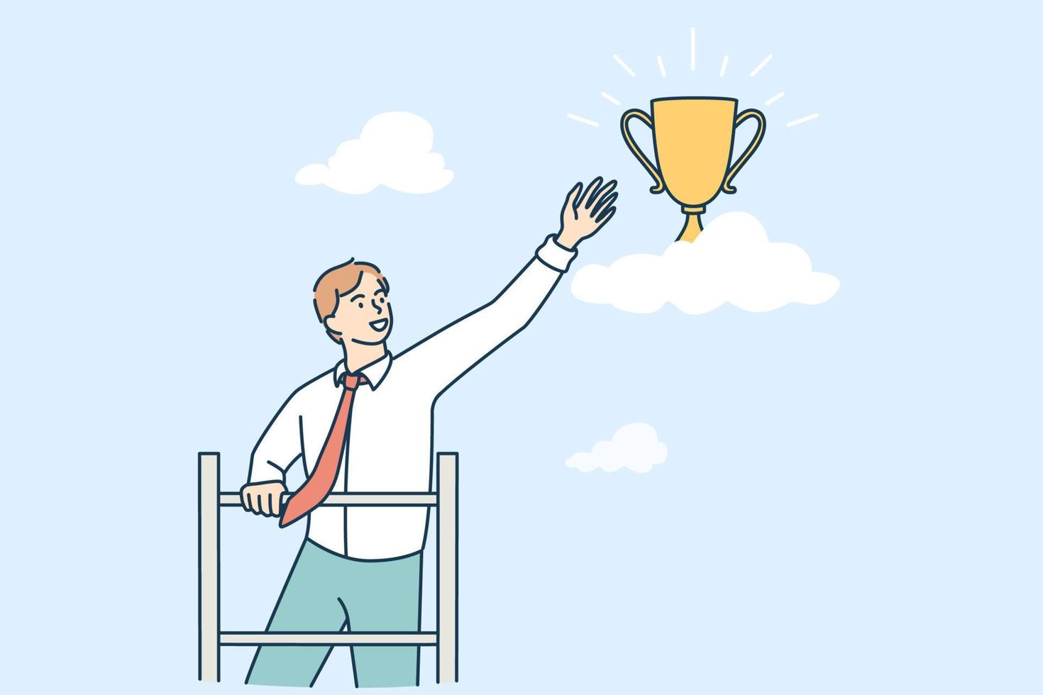 Opportunities and business success concept. Young smiling businessman cartoon character standing reaching for golden trophy flying in air vector illustration