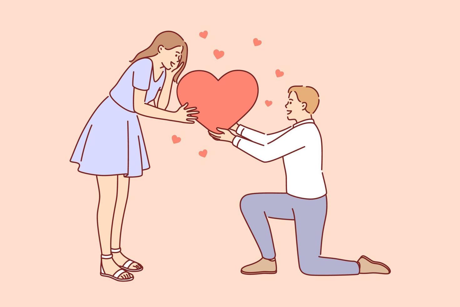 Love, romance and dating concept. Young happy smiling loving Man and woman connecting halves of big red heart feeling in love vector illustration