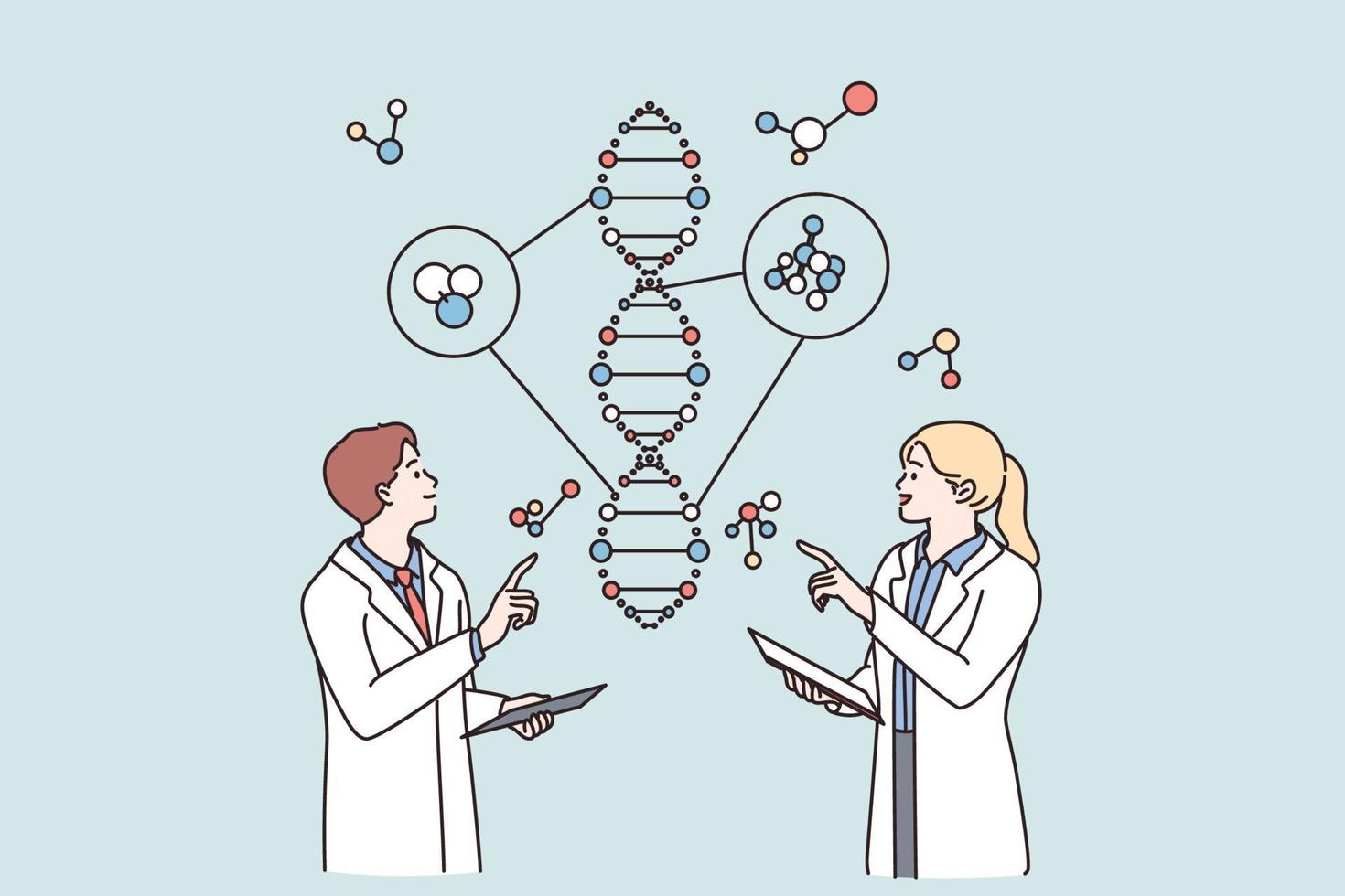 Laboratory research and genetic engineering concept. Young scientists woman and man cartoon characters standing communicating about science research in flask together vector illustration