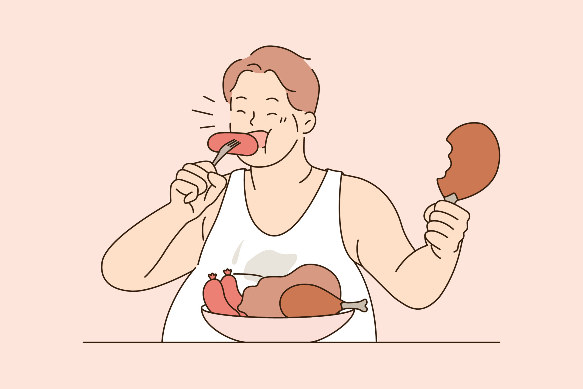 Over eating and unhealthy diet concept. Fat man sitting eating sausages  meat with appetite overeating living unhealthy lifestyle vector  illustration 13770733 Vector Art at Vecteezy