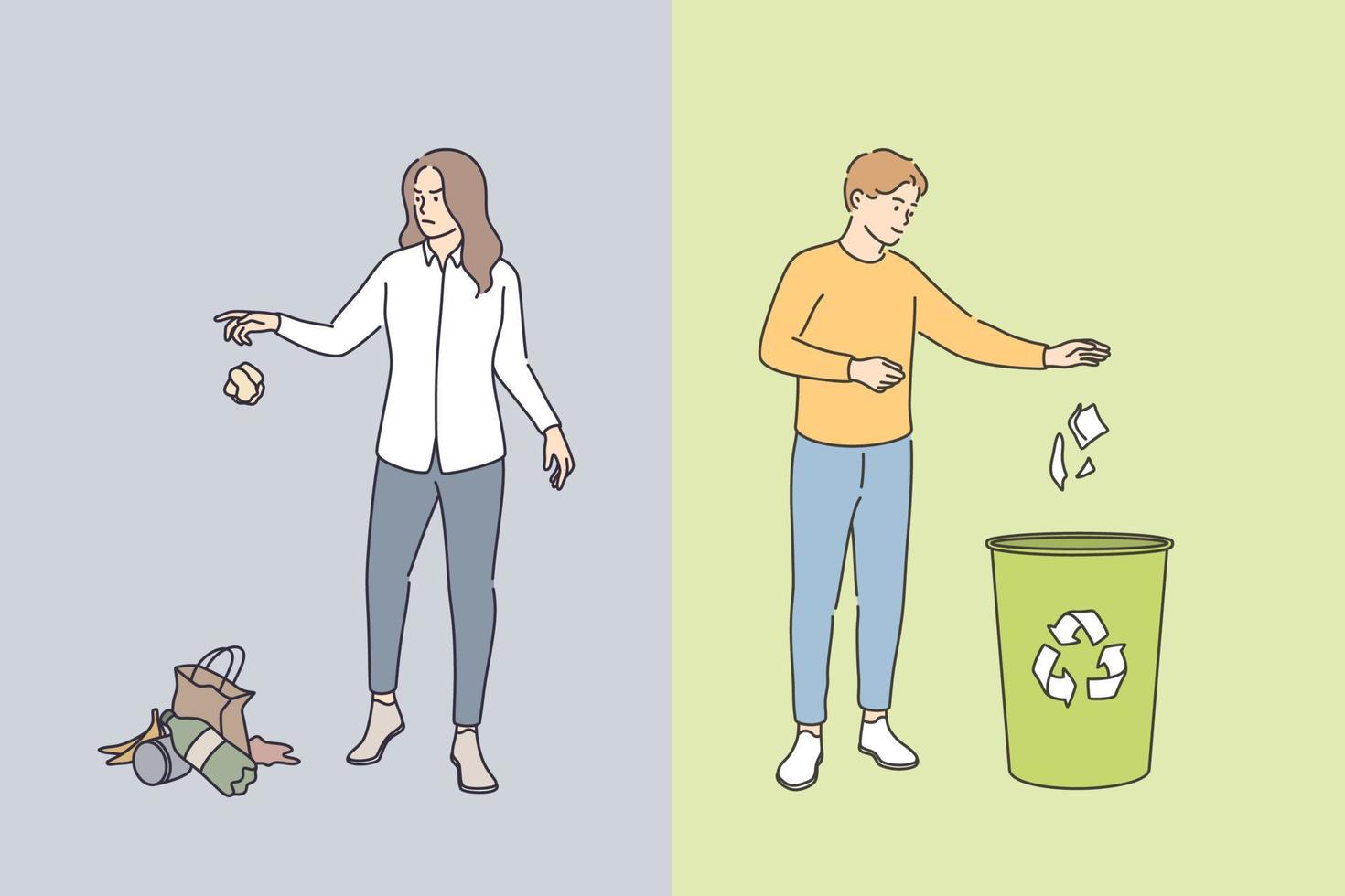 Comportamiento de basura y concepto de estilo de vida sostenible. ejemplos infográficos de ejemplos correctos e incorrectos de tirar basura a la basura e ilustración de vectores de hierba