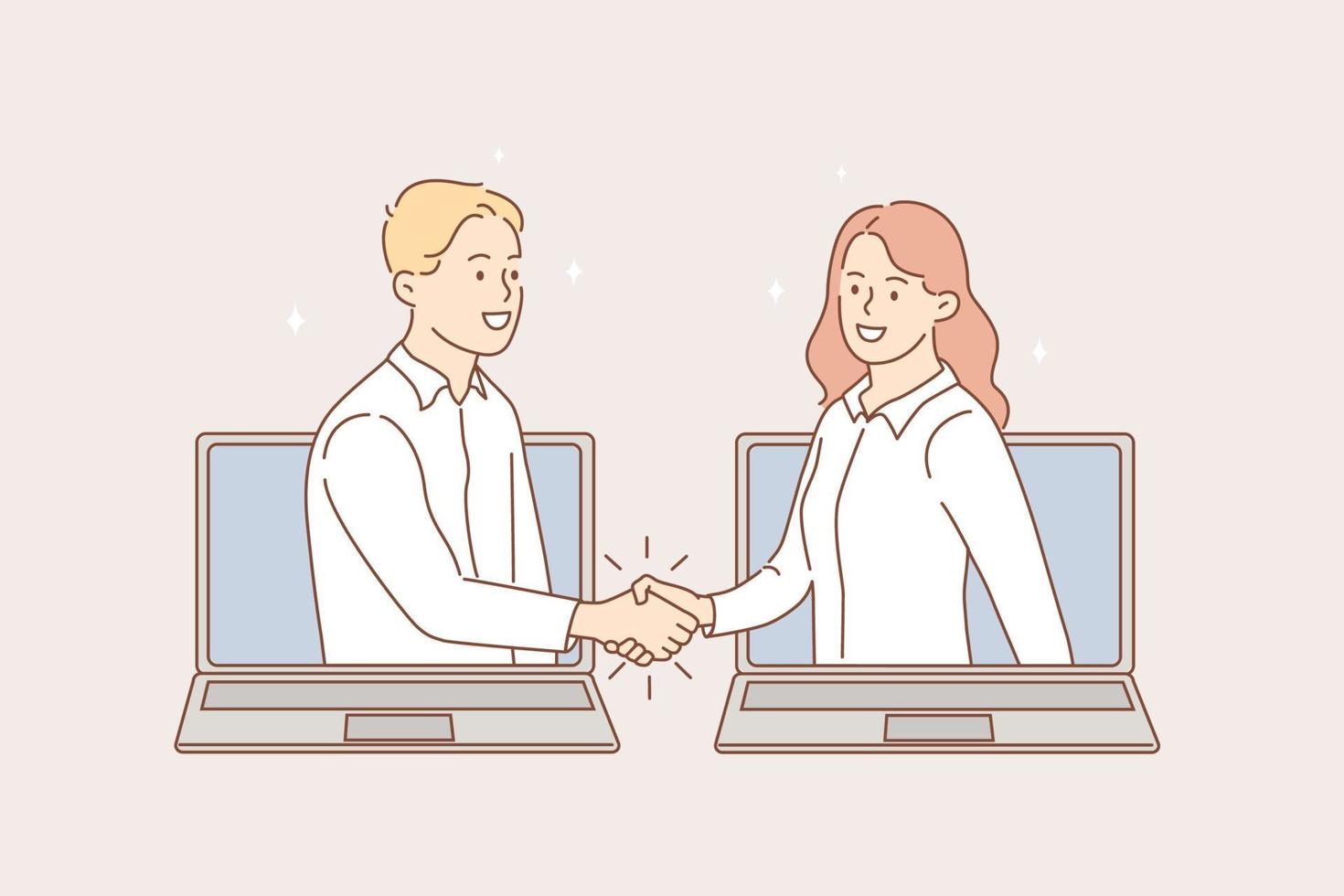 Online meeting and videoconference concept. Young smiling business people shaking hands from laptops screens after online meeting vector illustration