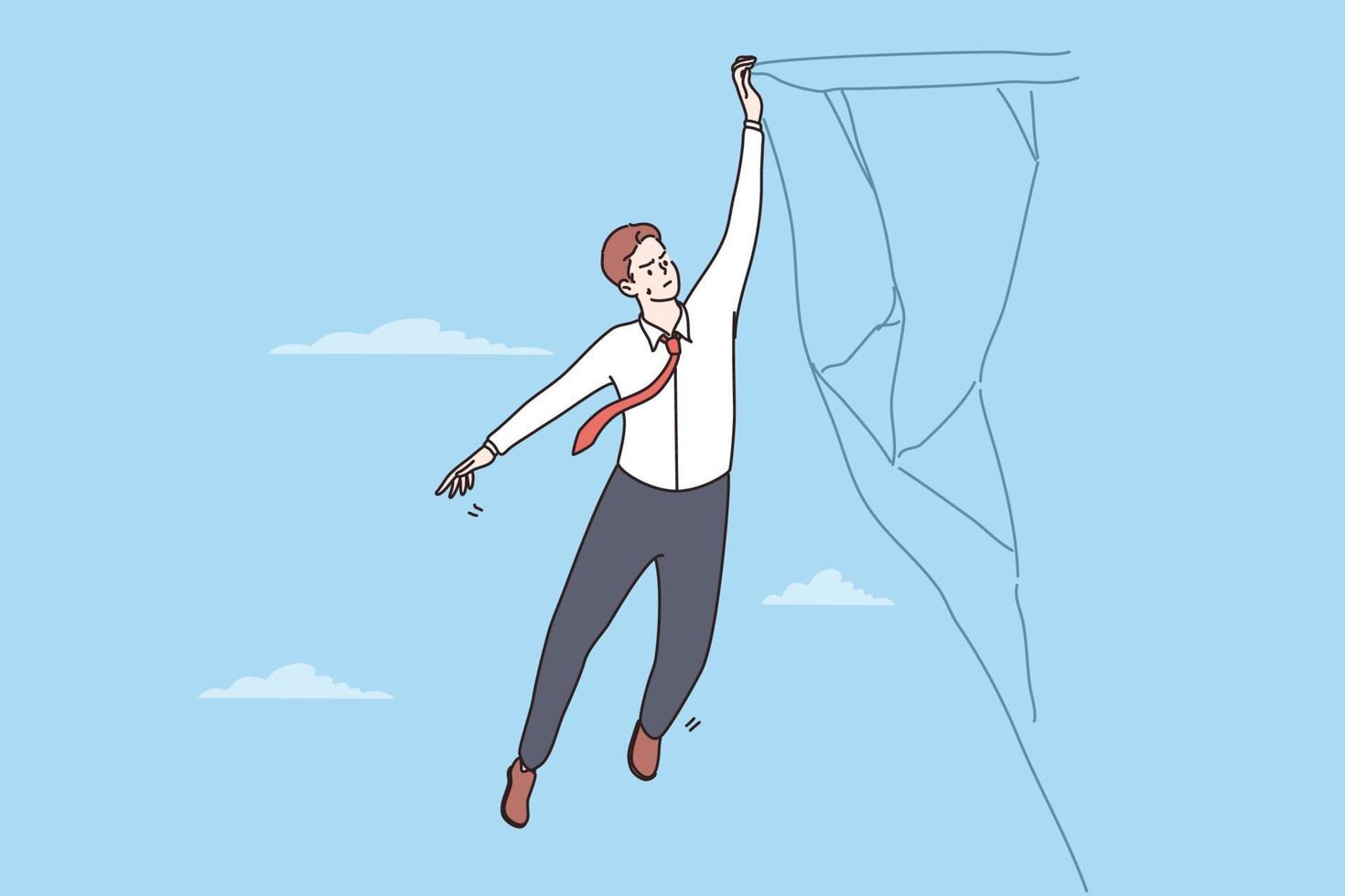 Business risk and crisis concept. Young businessman in tie hanging dangerously on edge of cliff holding by one hand feeling unconfident vector illustration