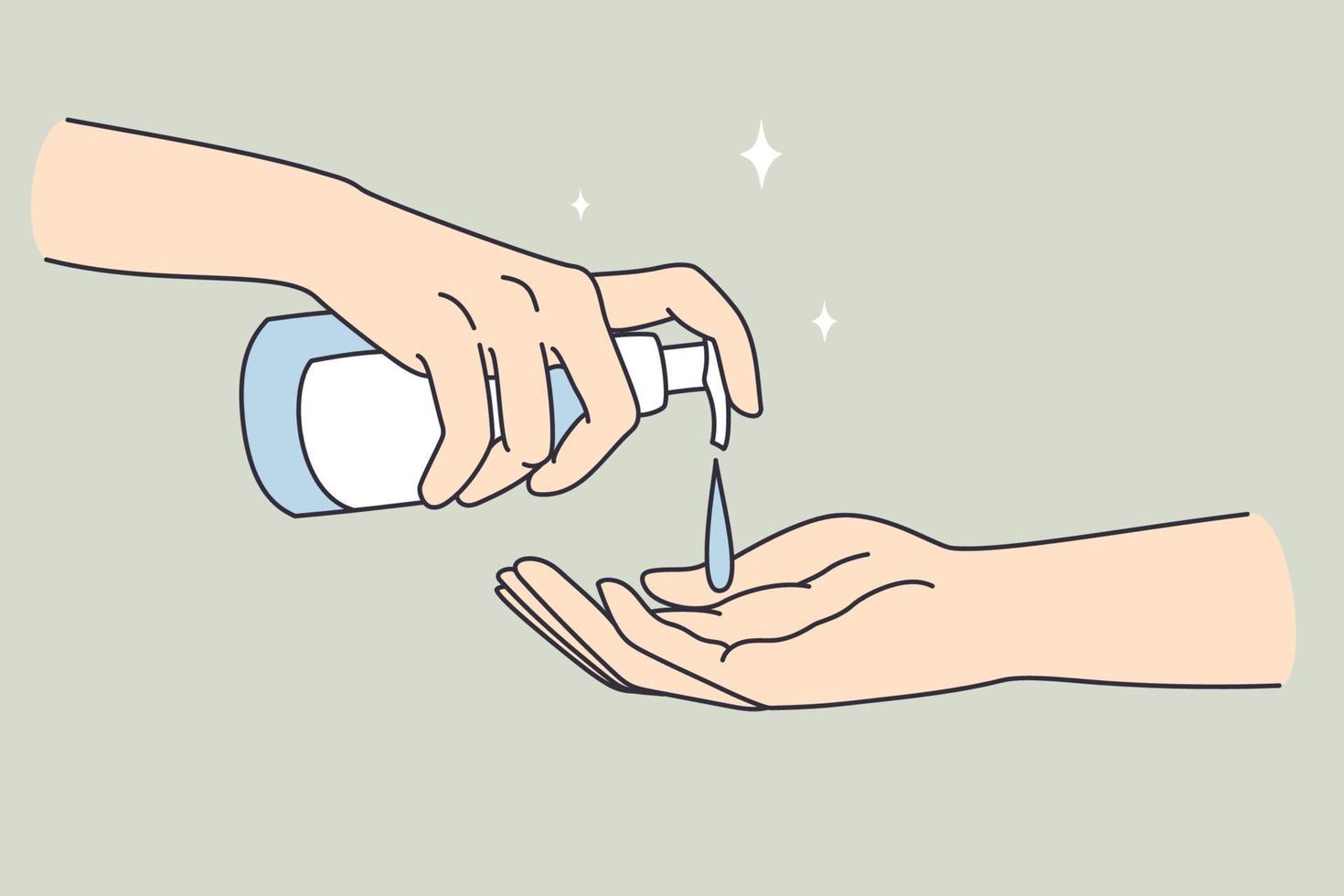 Hand sanitizer and cleaning concept. Human hands pulling soap or sanitizer for hygiene one to another vector illustration