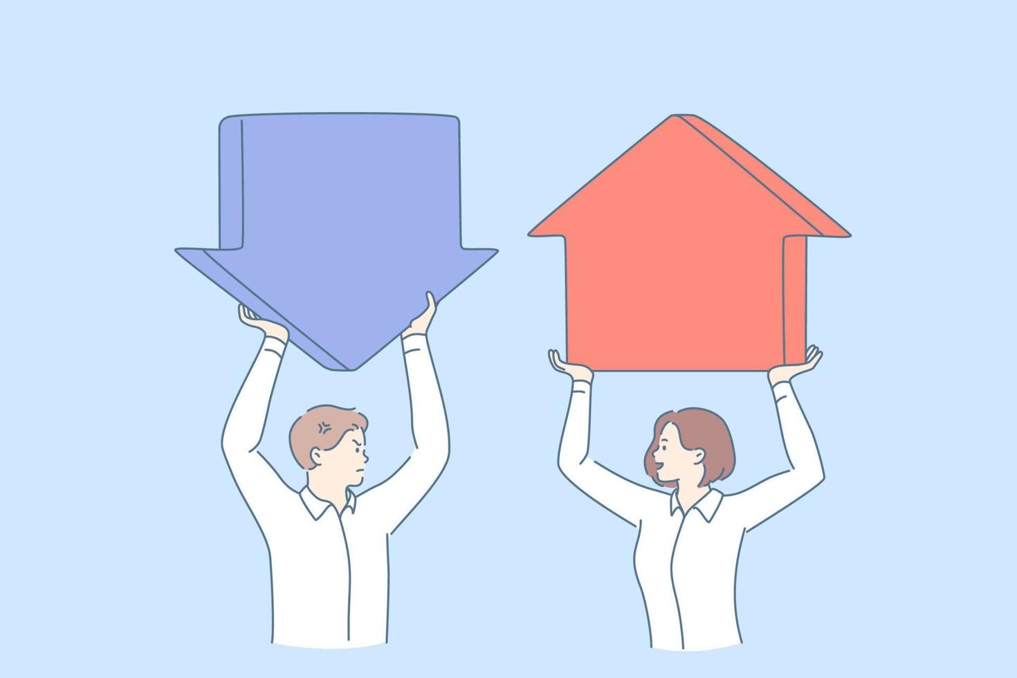 Progress and regress in business concept. Young sad businessman and happy business woman standing holding arrows up and down meaning development and failure vector