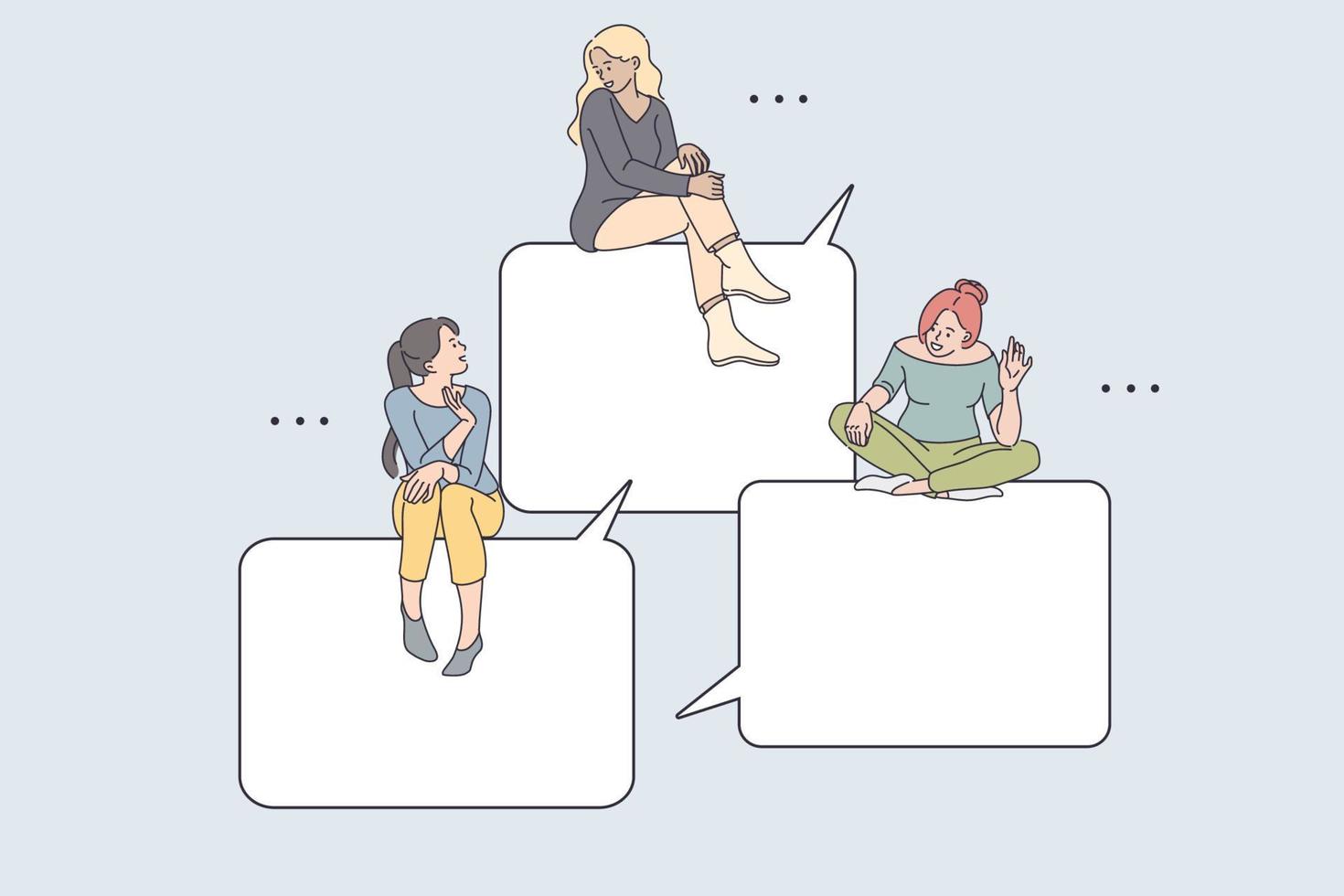 Internet communication and chatting concept. Young smiling girls friends sitting on speech bubbles greeting each other online from smartphone screen online vector illustration