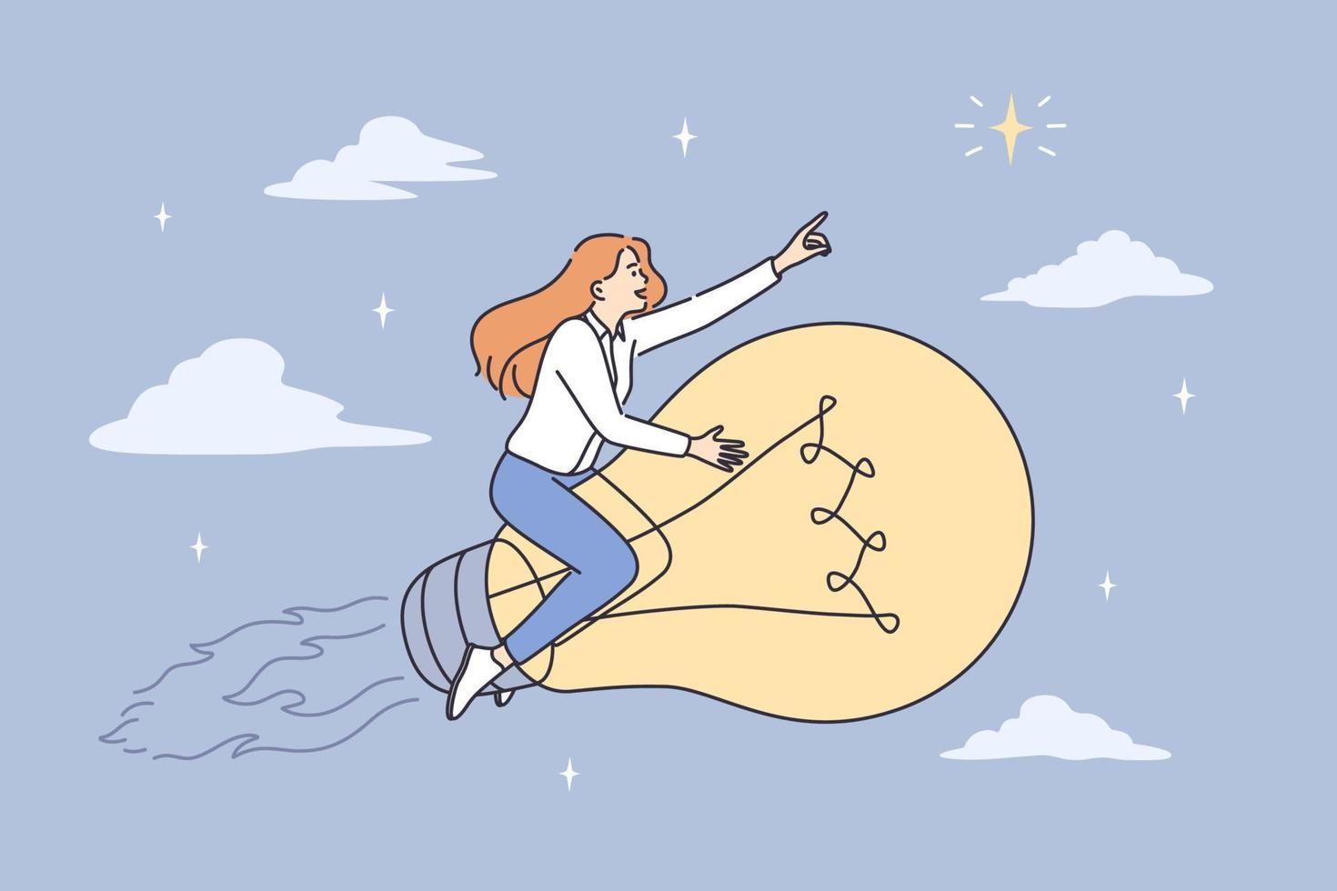 Business success, innovation and challenge concept. Young confident Business woman flying forward on bright huge light bulb feeling confident vector illustration
