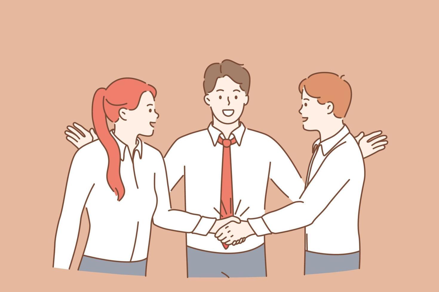 Teamwork, collaboration and business partnership concept. Group of Young men and women workers cartoon characters standing shaking hands after successful deal meaning success and achievement vector