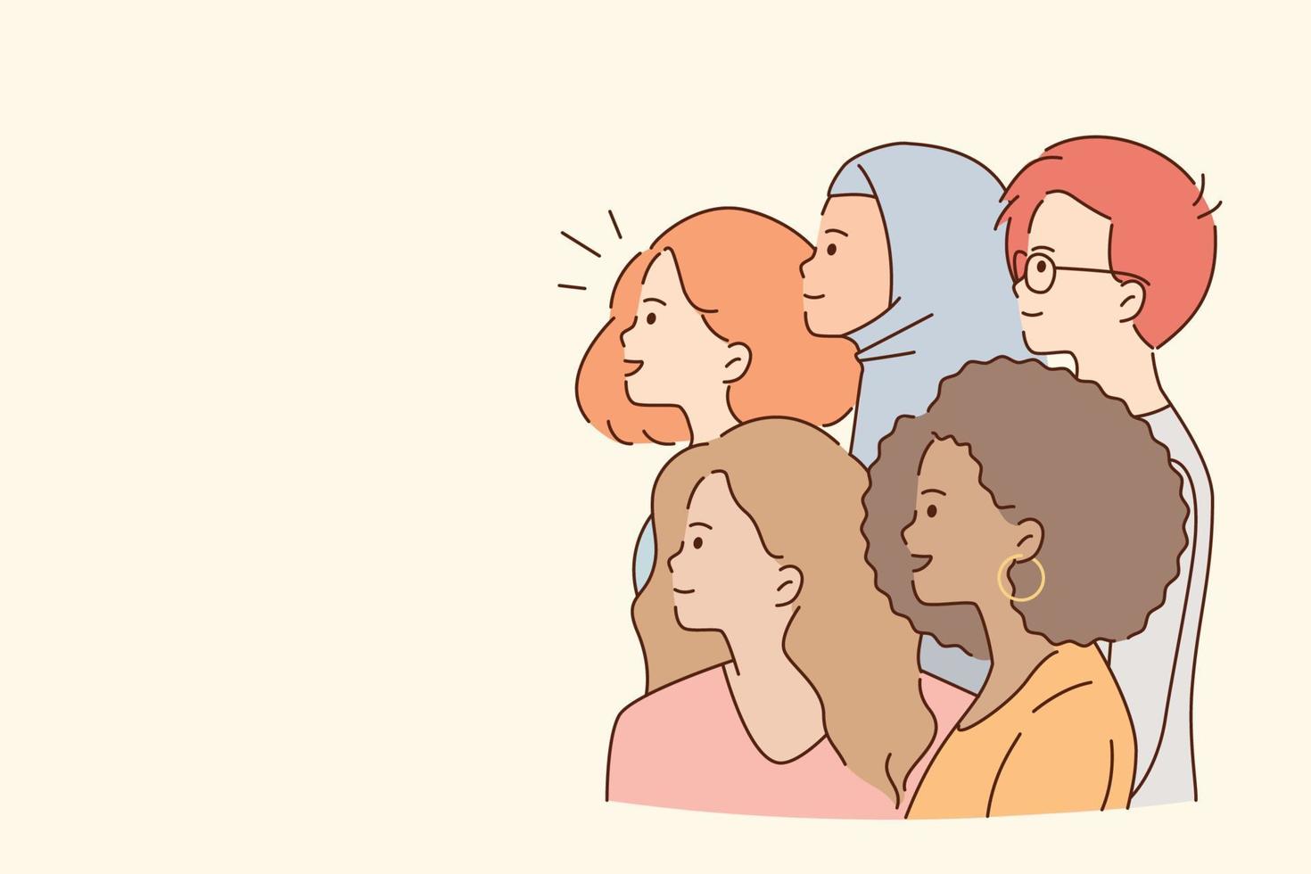 Mixed race group attention concept. Group of multi ethnic people girls and boys standing and looking away over light background, copy pace, vector illustration