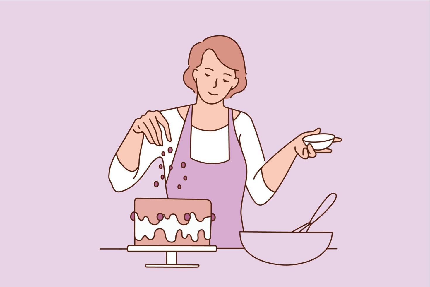 Baking and sweet food concept. Young smiling woman baker in apron standing adding decorations to freshly baked cake vector illustration