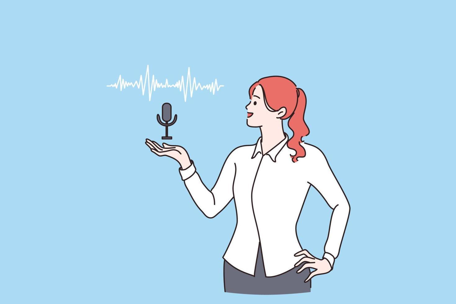 Voice assistant, speaker recognition concept. Smiling woman cartoon character standing showing voice controlled smart speaker activated digital assistants vector illustration