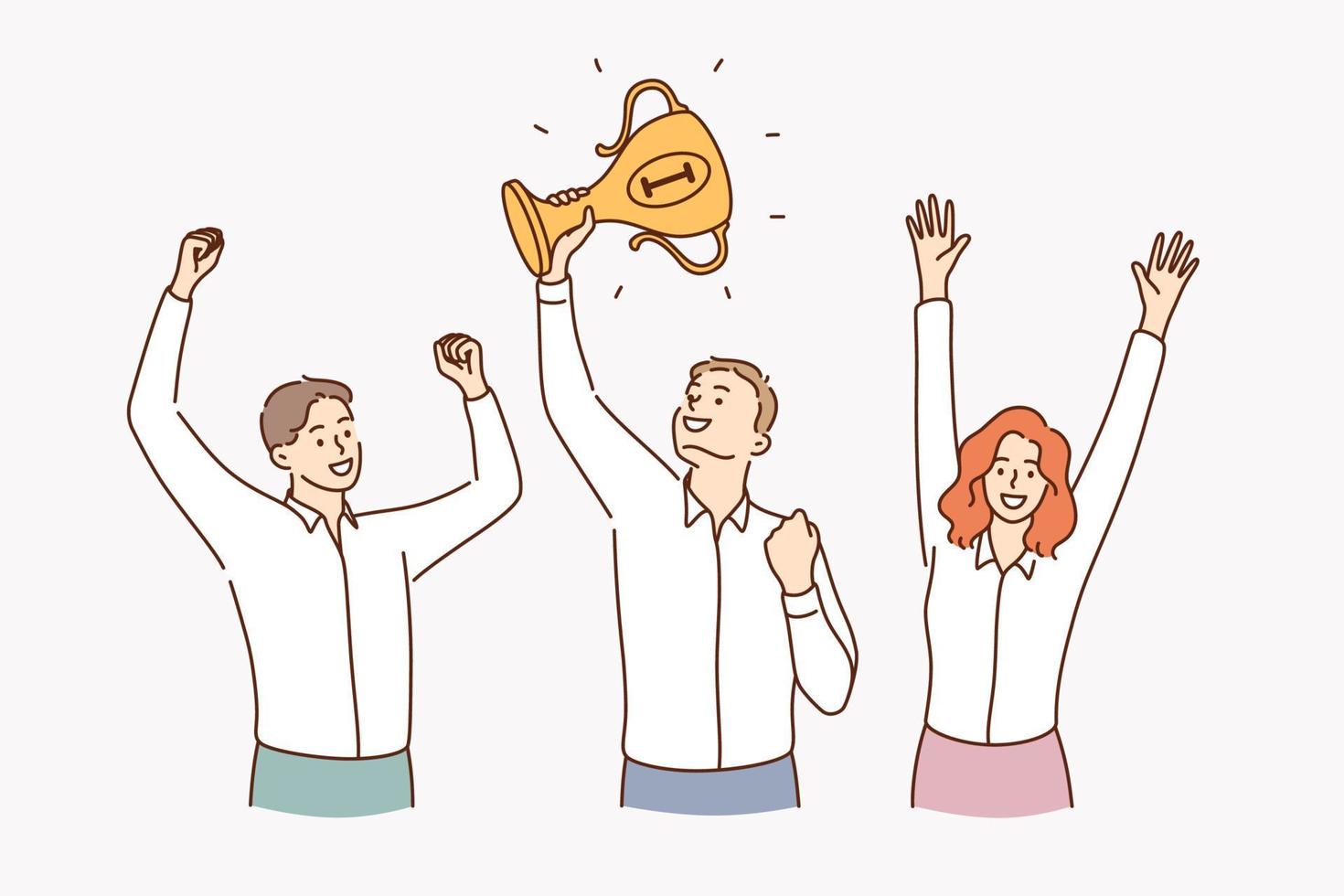 Teamwork, success, celebrating victory concept. Group of young smiling positive business people cartoon characters standing with raised hands holding golden trophy celebrating victory together vector