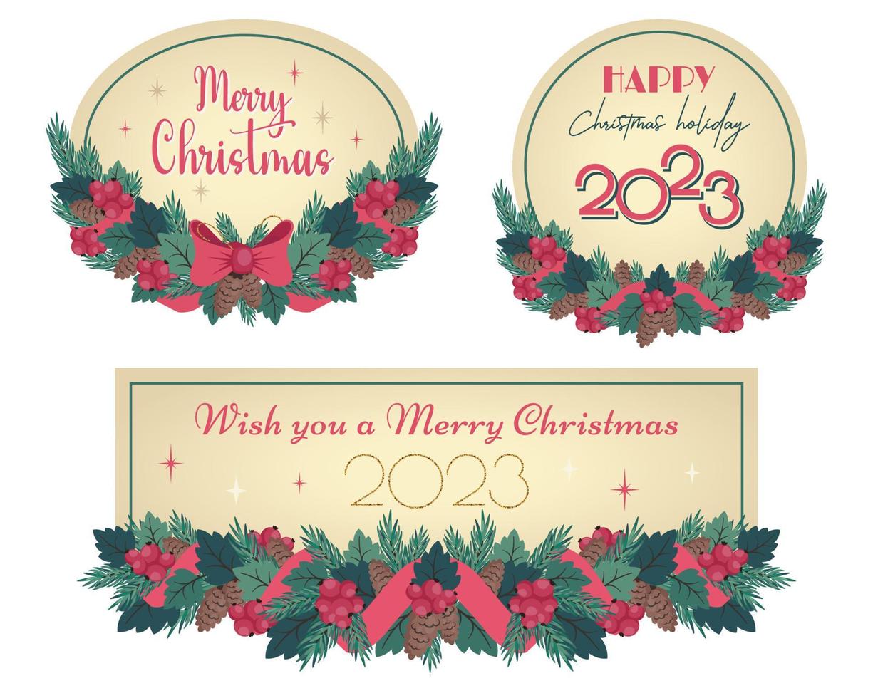 Collection of vintage Christmas card with wreath of pine branches, ribbon, bow, fir cones, pine branches, holly leaves, berries. Golden greeting text on frame. New year holiday template. Vector