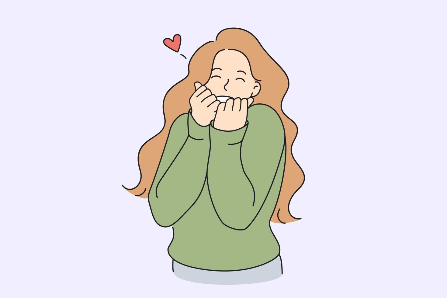 emociones positivas y concepto de amor. joven mujer sonriente personaje de dibujos animados de pie sintiendo amor con forma de corazón cerca ilustración vectorial vector