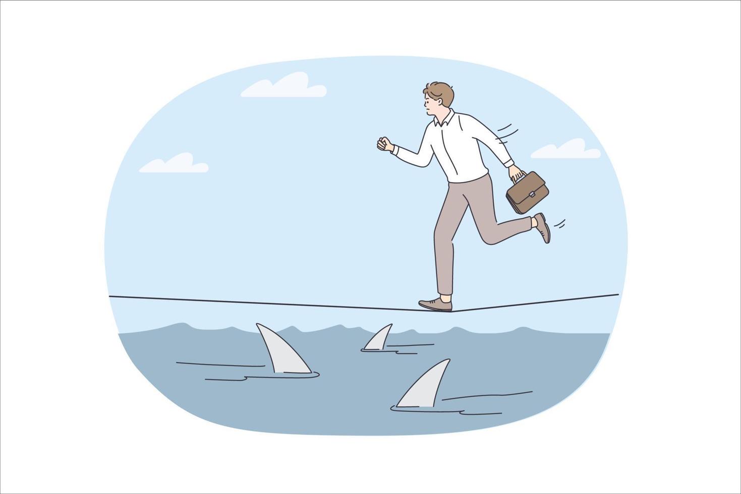 Business risks and challenge concept. Young stressed businessman running on rope over sea full of danger sharks hurrying vector illustration