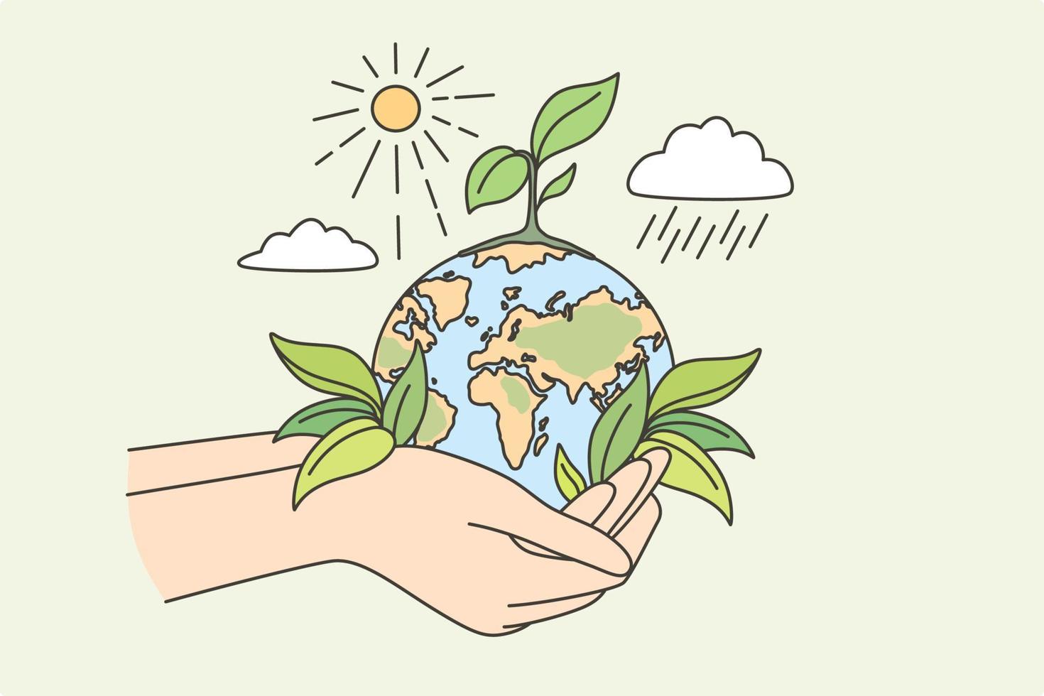 Ecology, sustainable nature, planet conversation concept. Hands human holding earth planet with growth plant sun and rain around taking care vector illustration