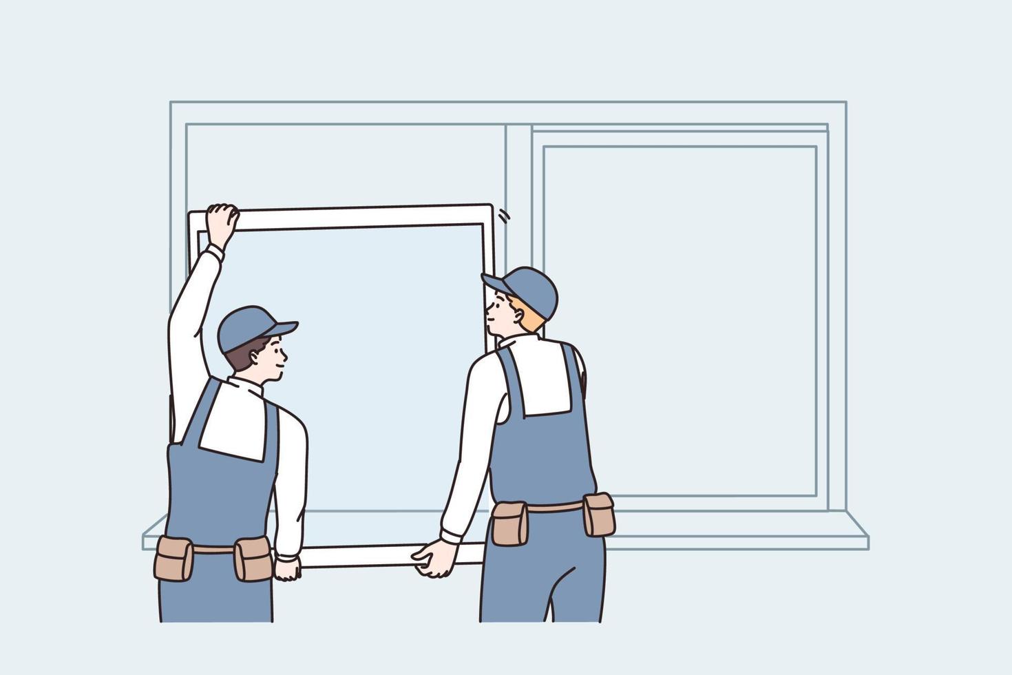 Repairing and reconstruction at home concept. Two men workers in uniform standing changing window for plastic one at home or office working vector illustration