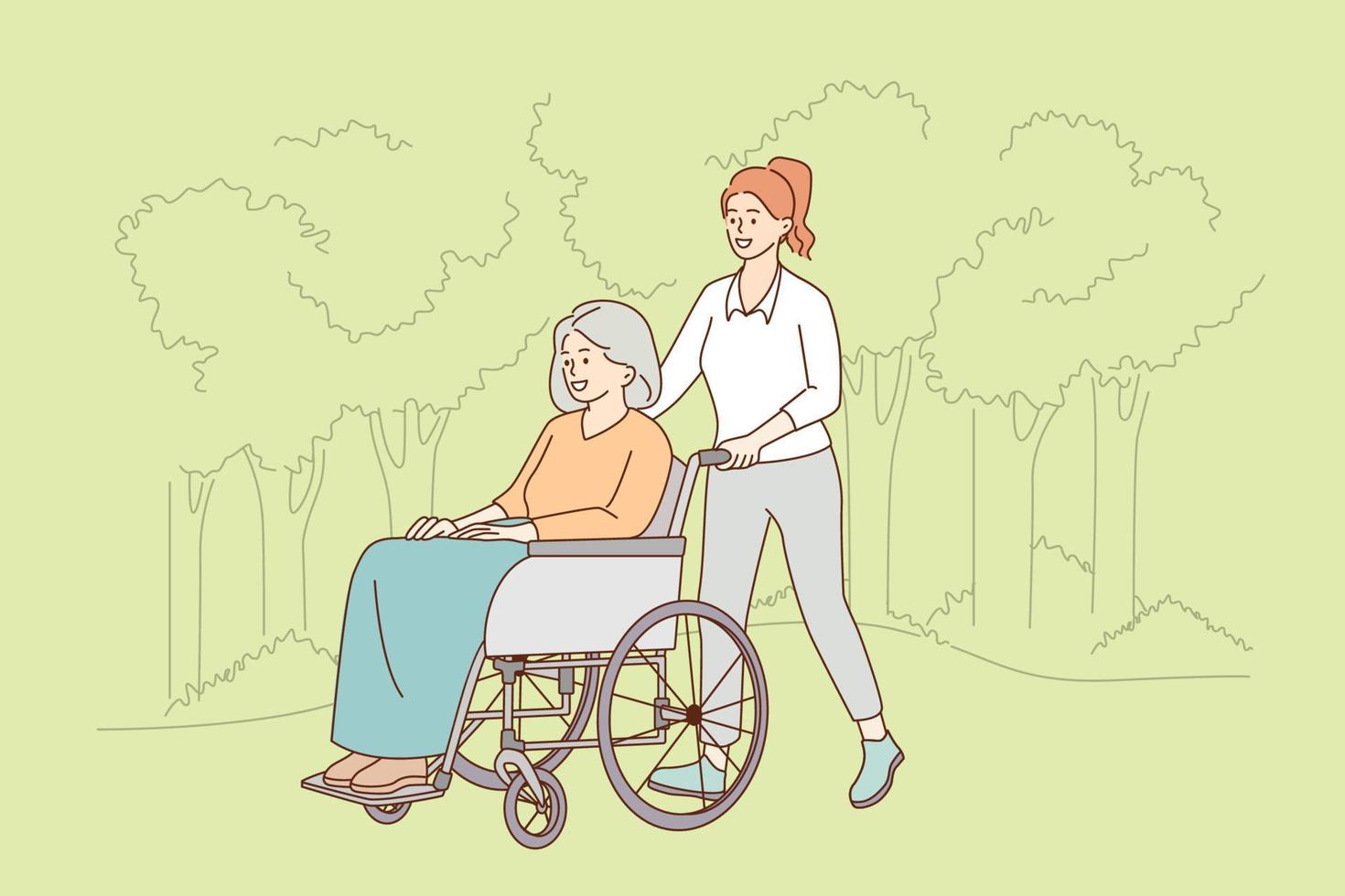 Taking care of disabled elderly people concept. Young smiling lady going and riding positive mature woman on wheelchair disabled person outdoors on summer day vector illustration