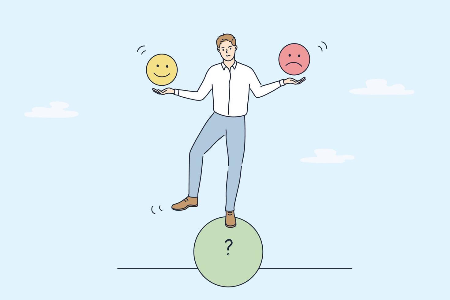 Multitasking and cheering business concept. Young smiling businessman standing on roll circle shape balancing holding positive and negative emoji in hands vector illustration