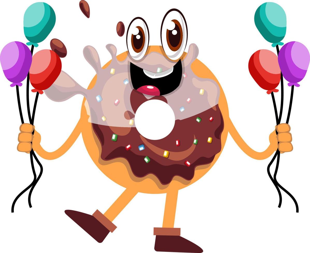 Donut sosteniendo globos, ilustración, vector sobre fondo blanco.