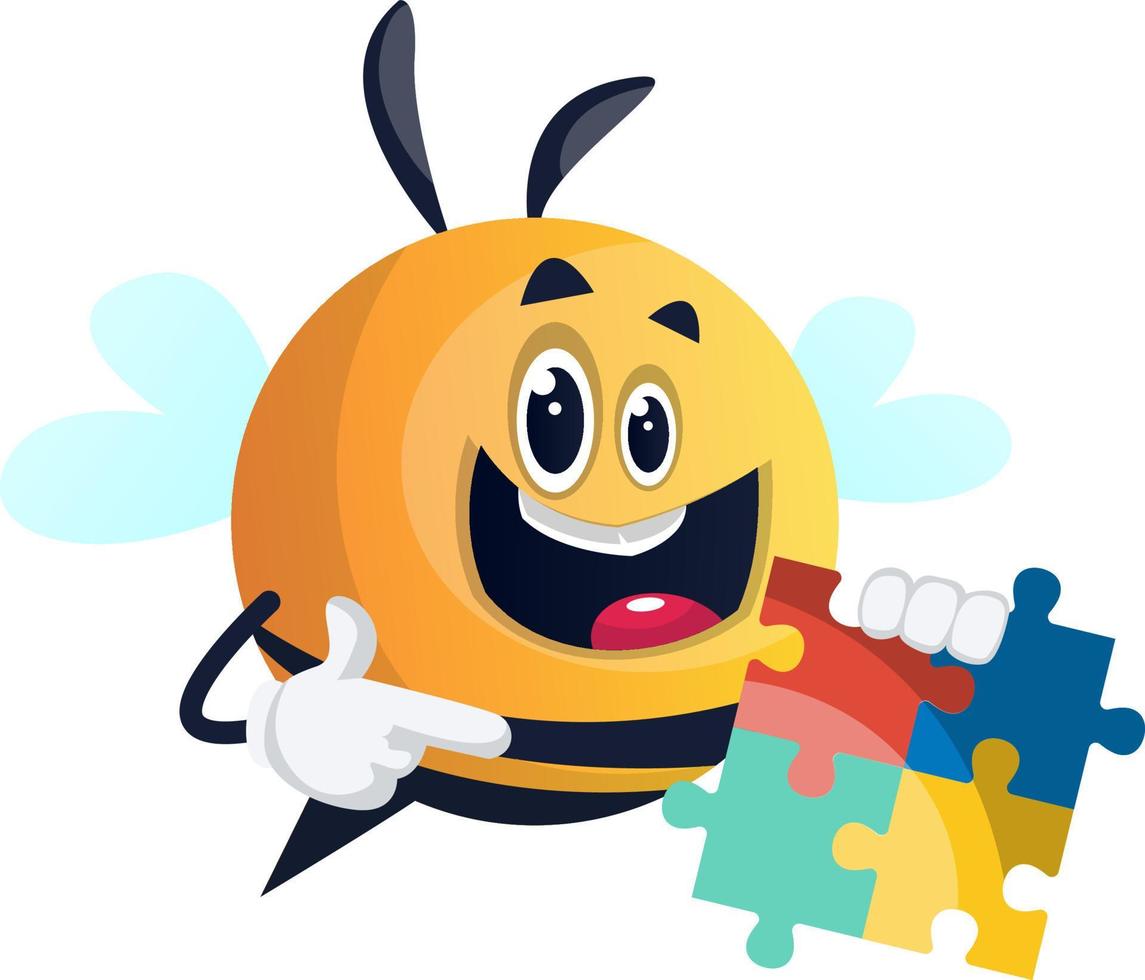 Bee holding a puzzle, illustration, vector on white background.