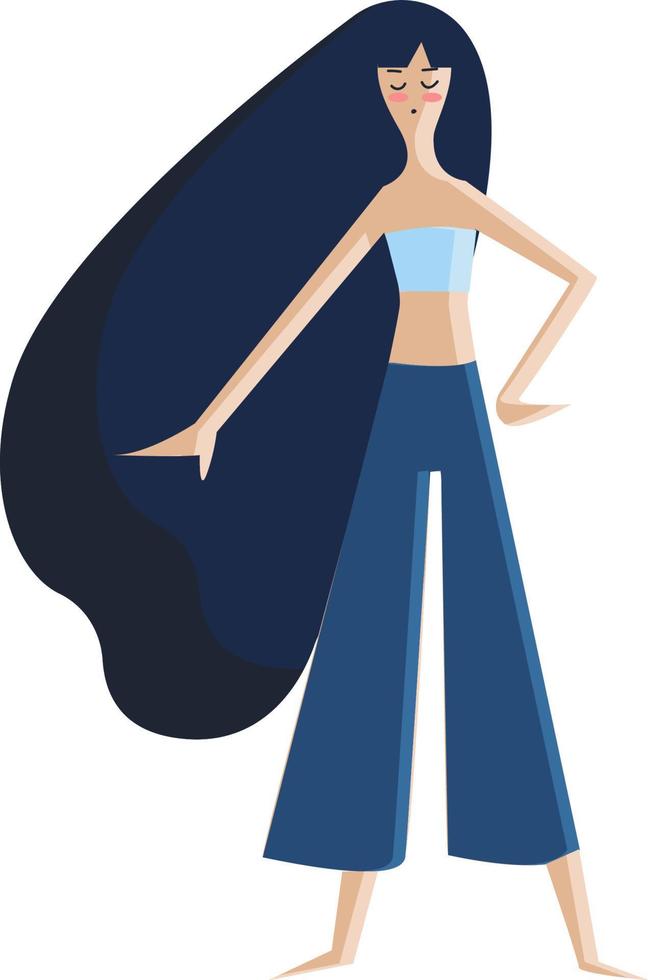 una chica con cabello largo azul, vector o ilustración de color.