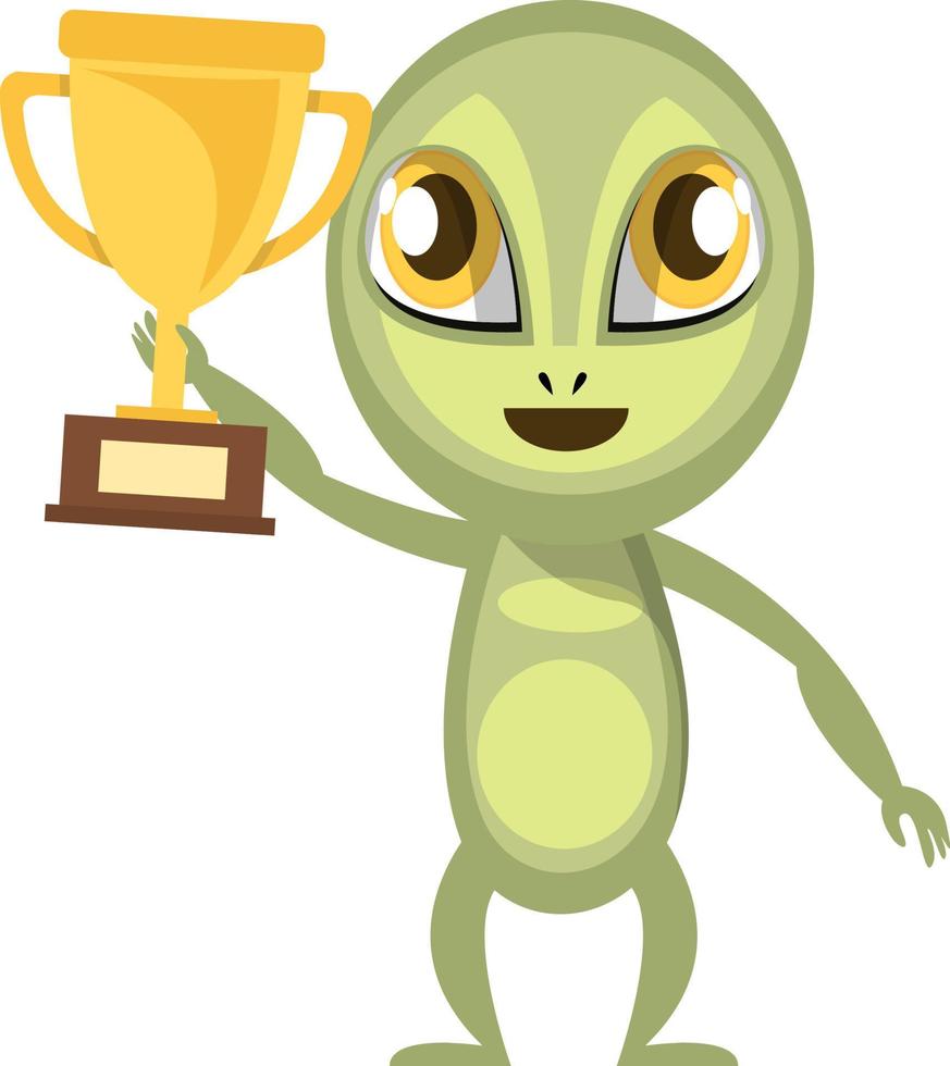 Alien with trophy, illustration, vector on white background.