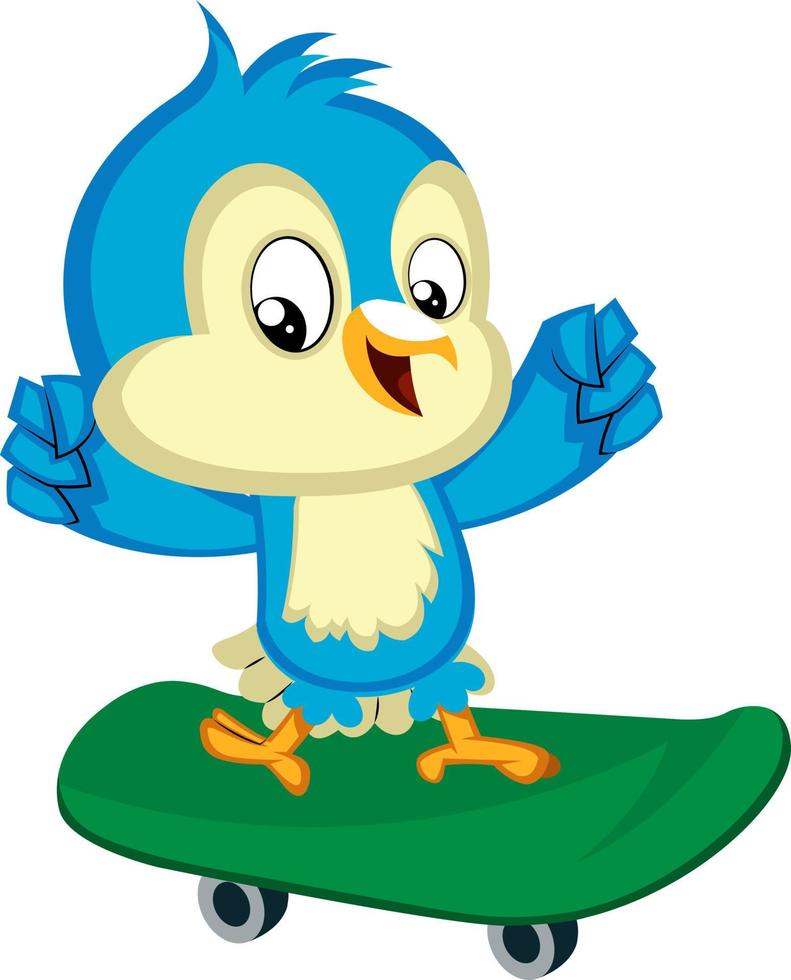Blue bird on the green skateboard, illustration, vector on white background.