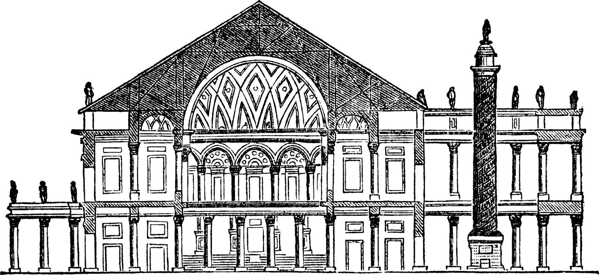 Trajan's Basilica, it's a Section of Trajan, vintage engraving. vector