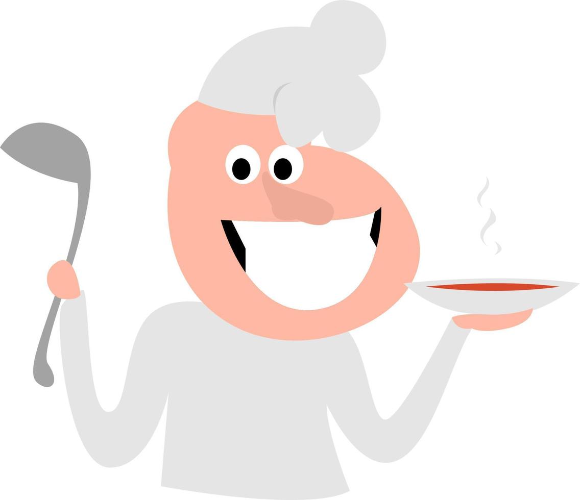 chef con plato de sopa, ilustración, vector sobre fondo blanco.