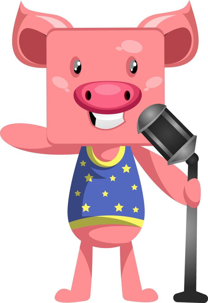 Pig with microphone, illustration, vector on white background.