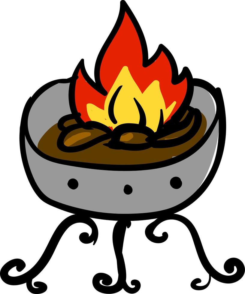 Brasero redondo con fuego, ilustración, vector sobre fondo blanco.