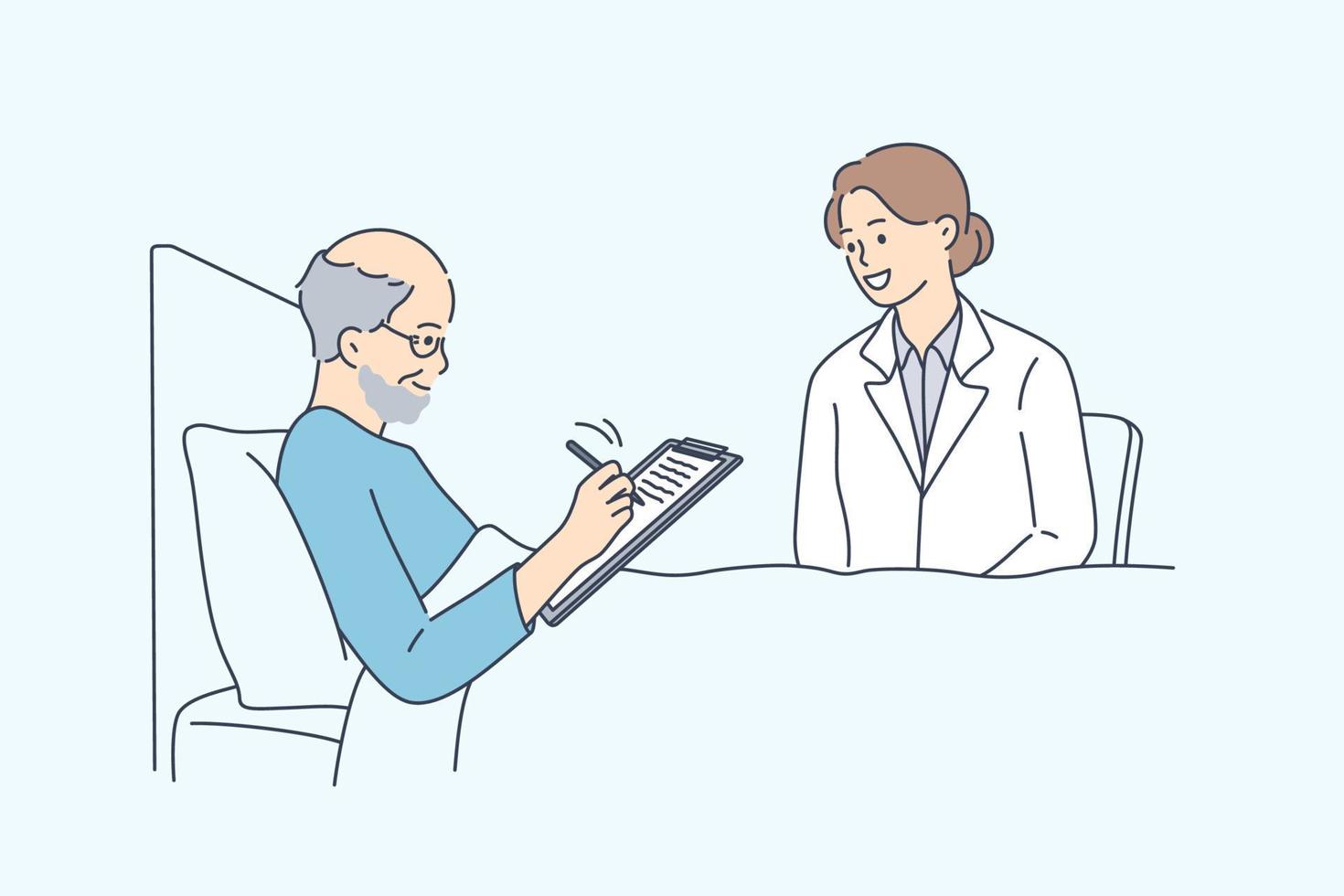 Making will and approval for operation concept. Old smiling ill man sitting in bed signing will or approval in hospital with doctor nurse sitting nearby vector illustration