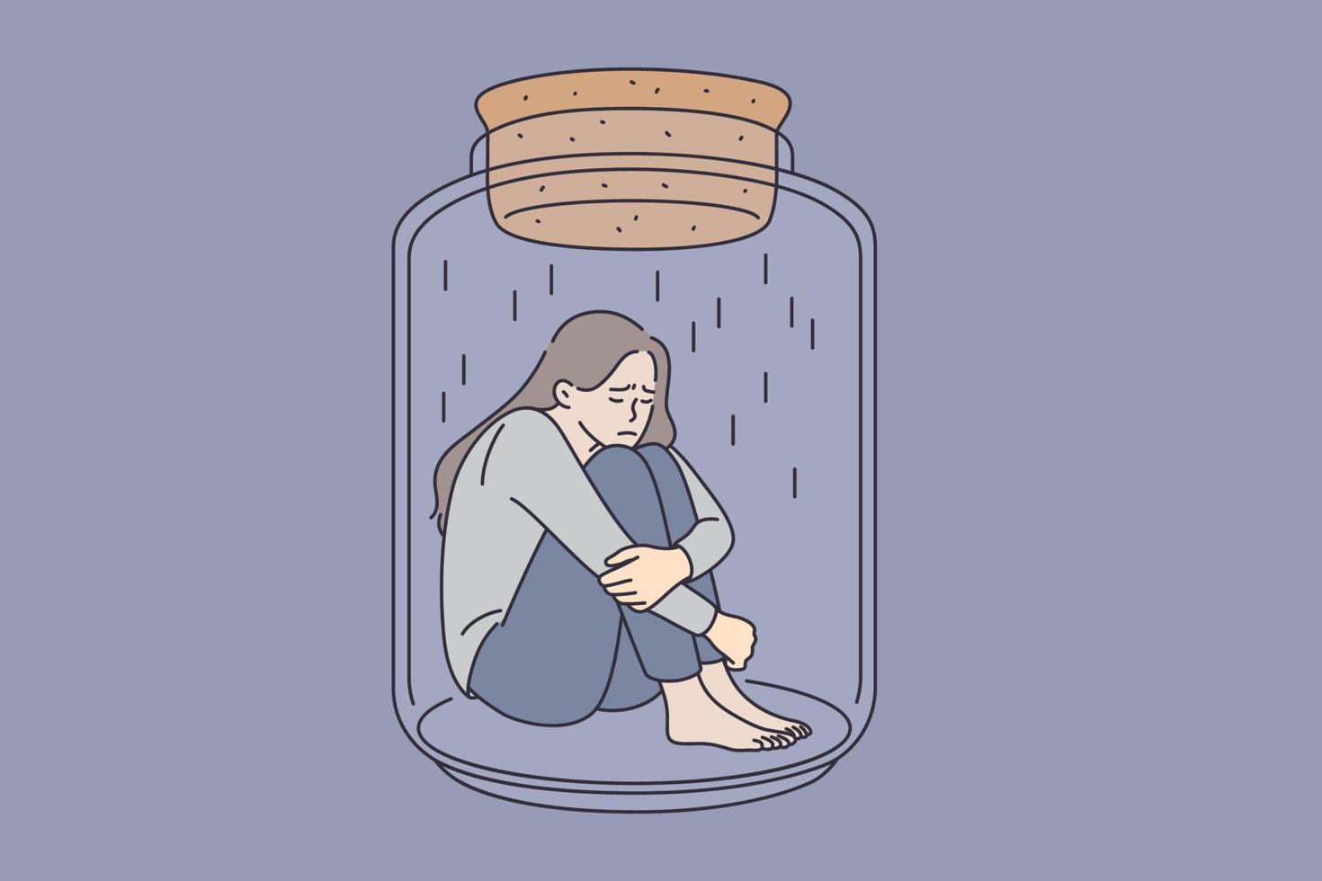 Depression and mental health concept. Young stressed sad woman sitting in glass jar embracing knees feeling bad vector illustration