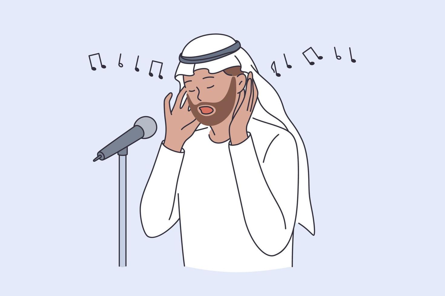 muecín y concepto de cultura islámica. hombre persona recitador llamando a rezar o llamado adhan cantando canción religiosa ilustración vectorial vector