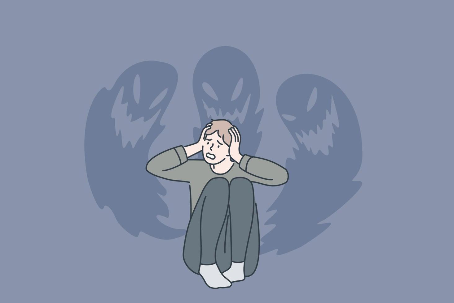 Phobias and inner fears concept. Young stressed man sitting touching head feeling bad with ghosts at wall from inside fears vector illustration