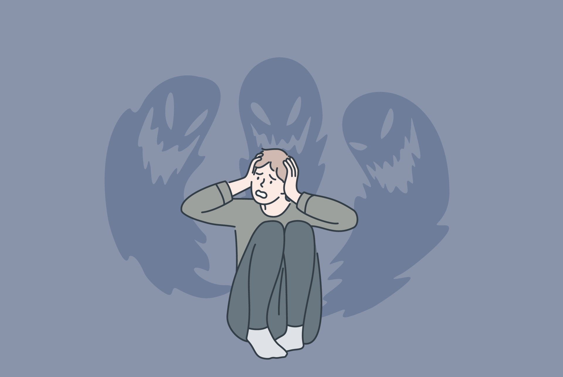 Phobias and inner fears concept. Young stressed man sitting touching